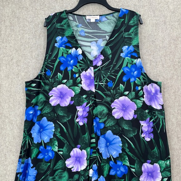 Stan Herman 2X Floral Sleeveless V Neck‎ Slinky Midi Dress Blue Purple Pockets - Picture 3 of 9